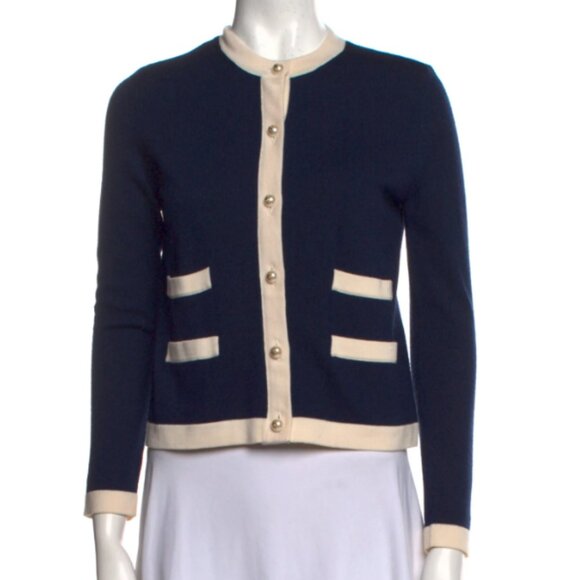 Tory Burch "Ahoy" Nautical Navy Wool Cropped Cardigan w/ Pearl Button Accents - Picture 1 of 10